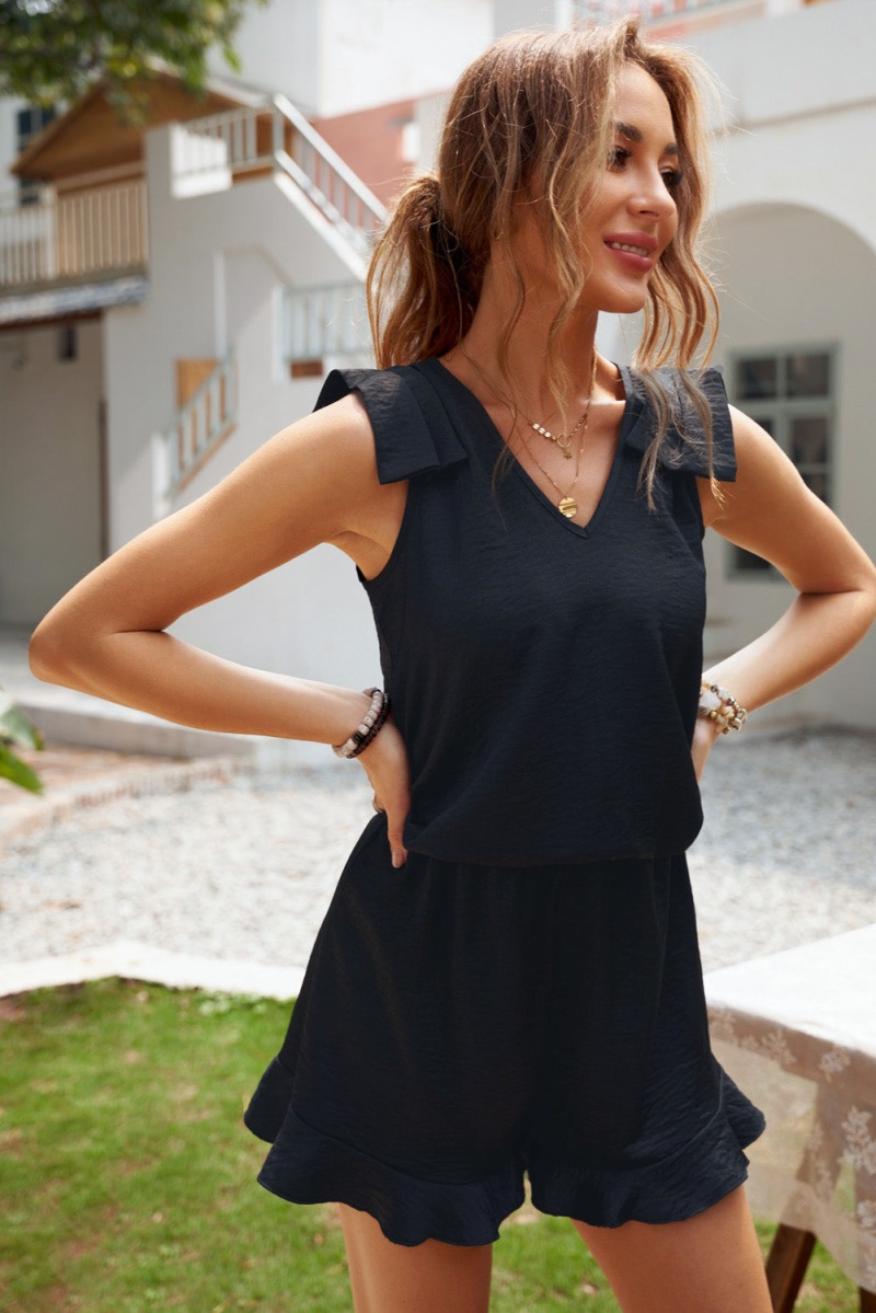 Black Ruffled V Neckline Sleeveless Casual Romper
