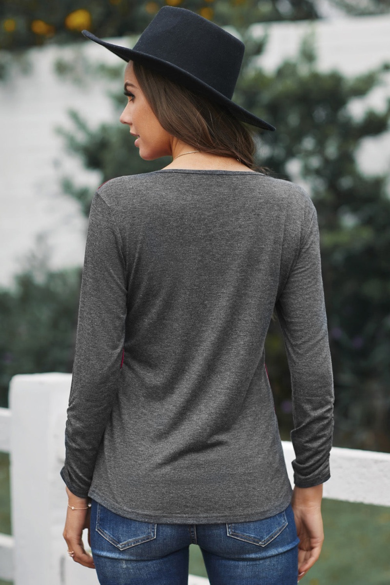 Women's Red Round Neck Color Block Velvet Pleated Long Sleeve Top