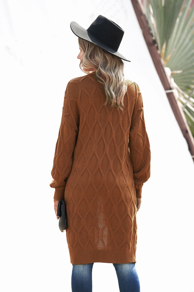 Brown Textured Cable Knit Long Cardigan