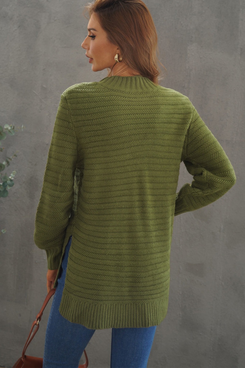 Winter Green Solid Color Stand Collar Textured Sweater