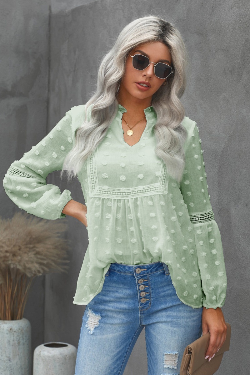 Chic Green Ruffled Split Neck Lace Hollow Out Long Sleeve Polka Dot Blouse