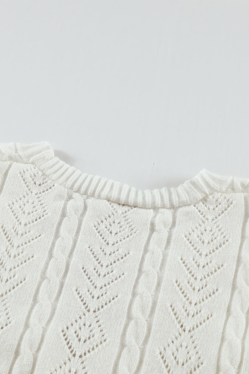 Chic White Ruffled Buttoned Open Front V Neck Knitted Sweater