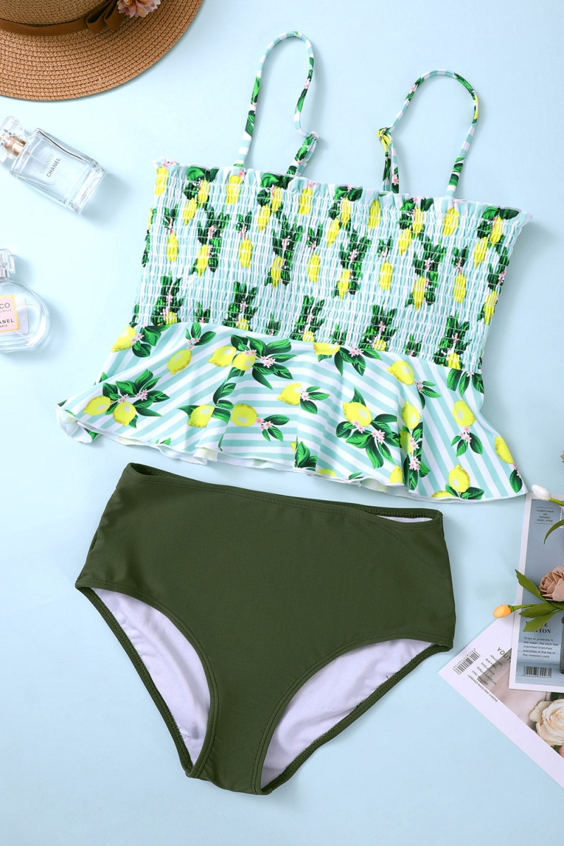Cute Green Lemon Print Peplum Tankini