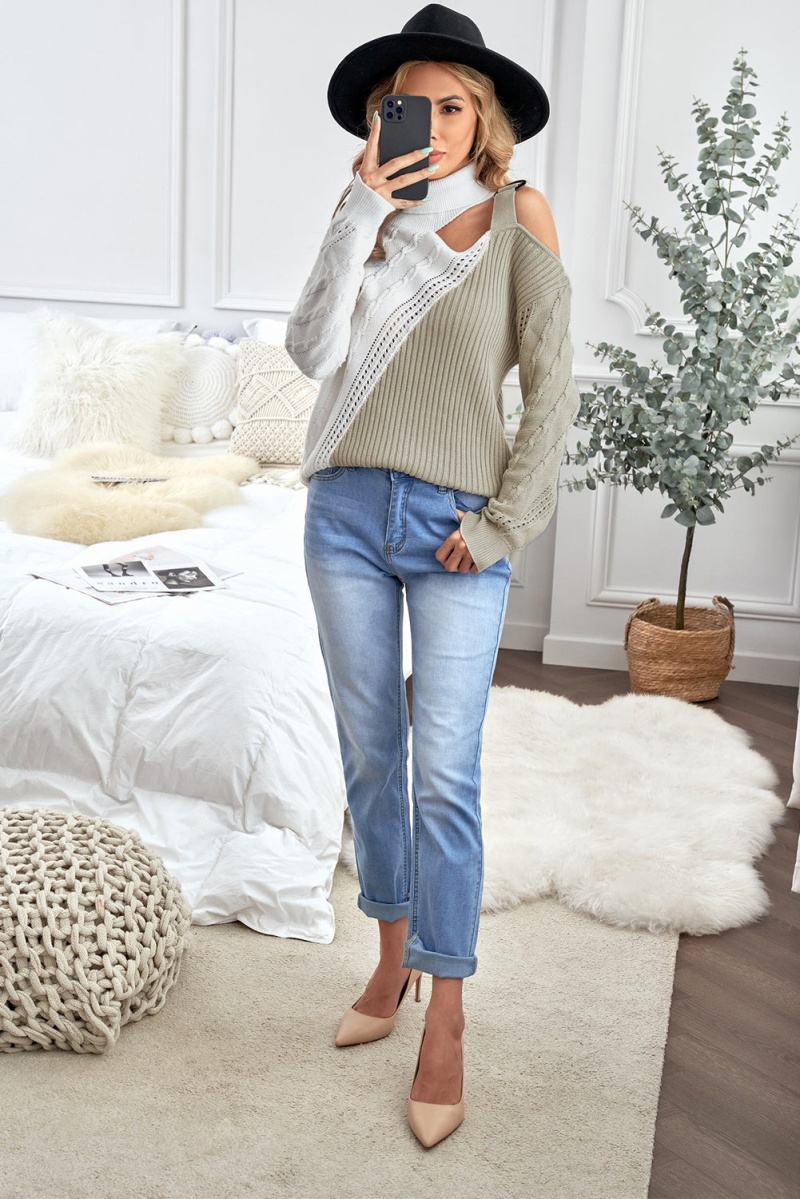 Chic Apricot White Turtleneck Cold Shoulder Sweater