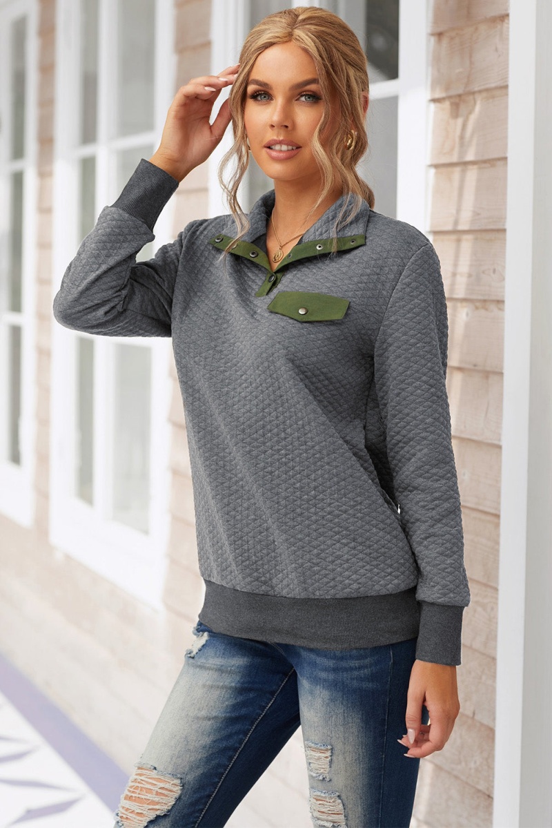Women's Casual Dark Gray Quilted Snaps Stand Neck Sweatshirt