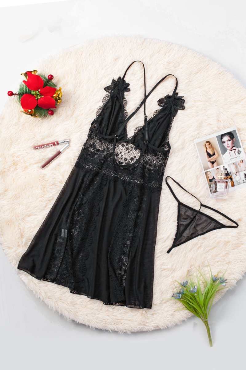 Black Lace Crossed Straps Nightdress Babydoll