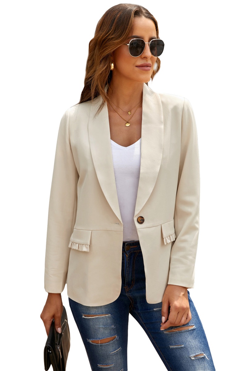 Women's Elegant Beige Lapel Collar Button Pocket Blazer