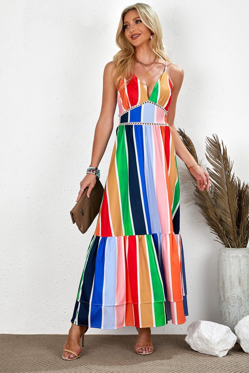Crochet Insert Multicolor Striped Spaghetti Strap Backless Maxi Dress