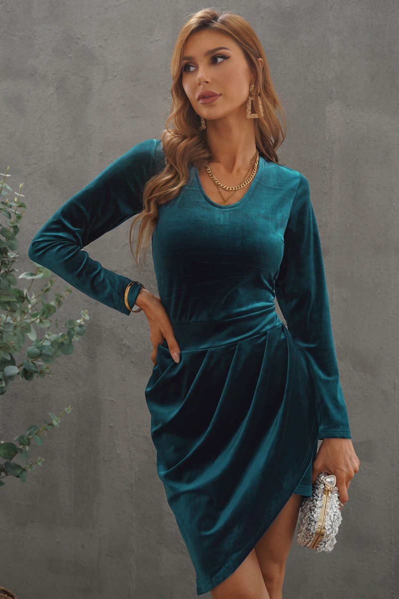Blue Scoop Neck Long Sleeve Zipper Short Bodycon Dress