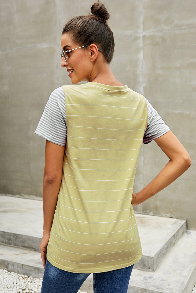 Women's Yellow Striped Short Sleeve Contrast Color T-Shirt With Pocket