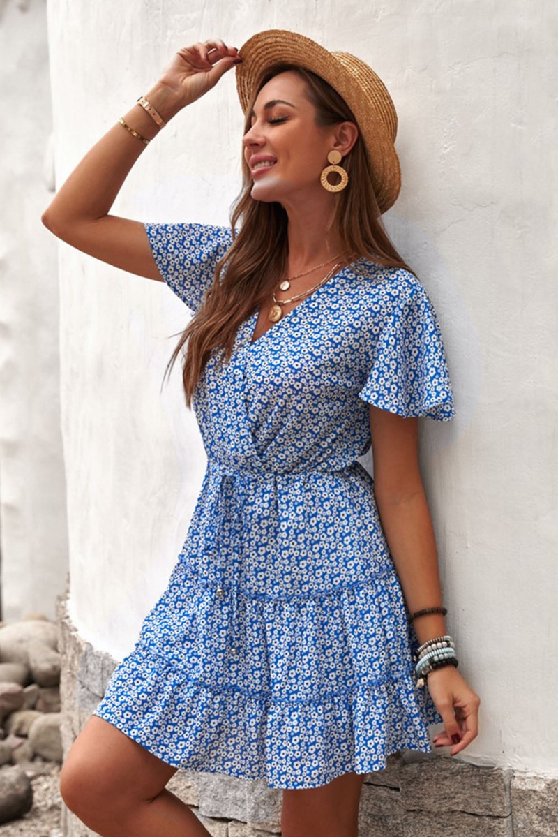 Cute Blue V Neck Short Sleeve Layered Ruffled Floral Dress