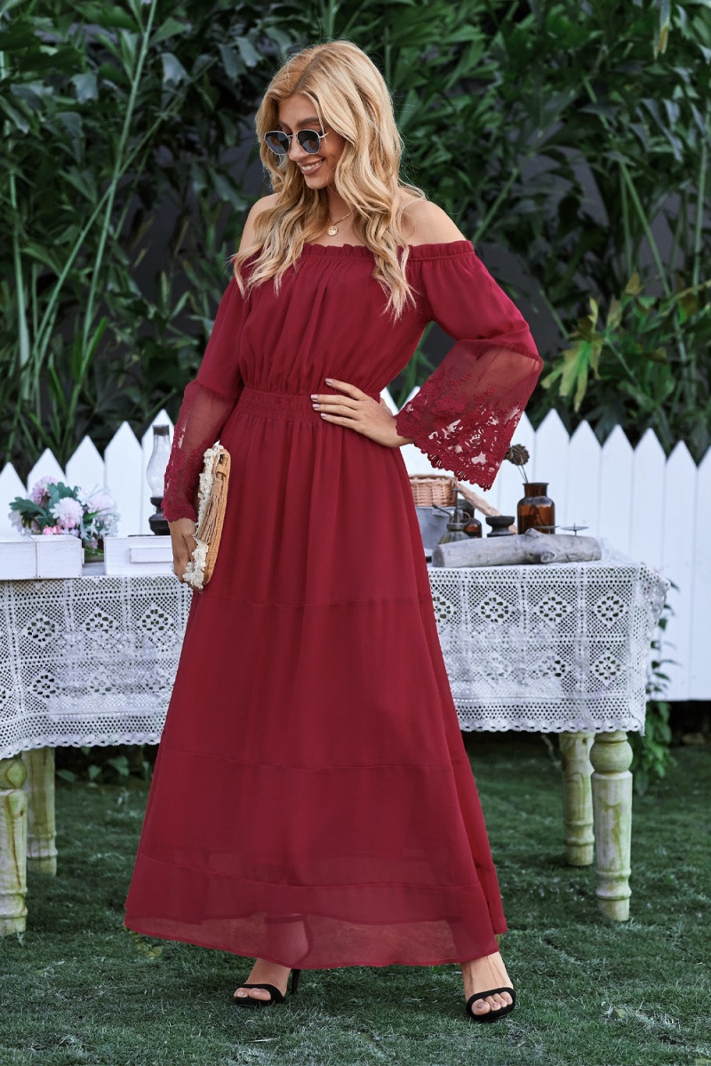 Chic Wine Off Shoulder Embroidered Flared Sleeve Lace Maxi Dress