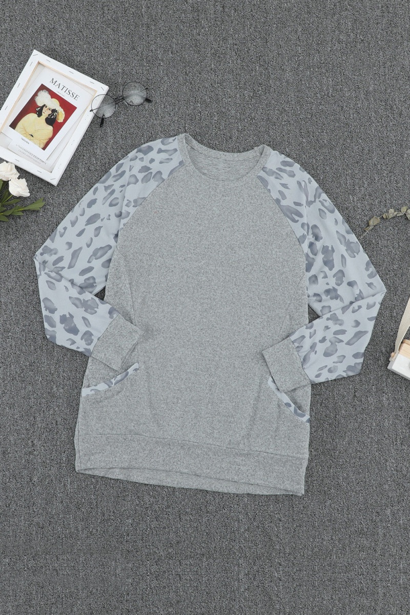 Gray Leopard Print Raglan Long Sleeve Casual Top