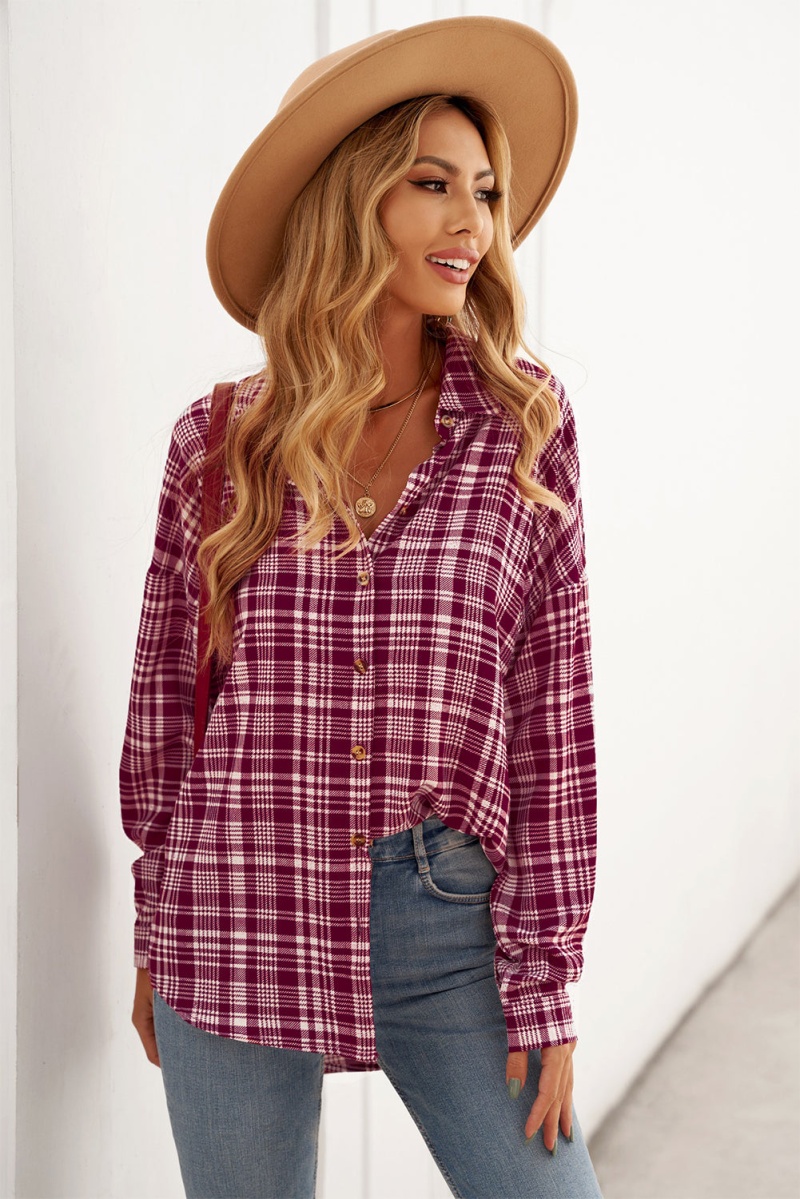 Casual Red Relaxed Fit Plaid Button Shirt