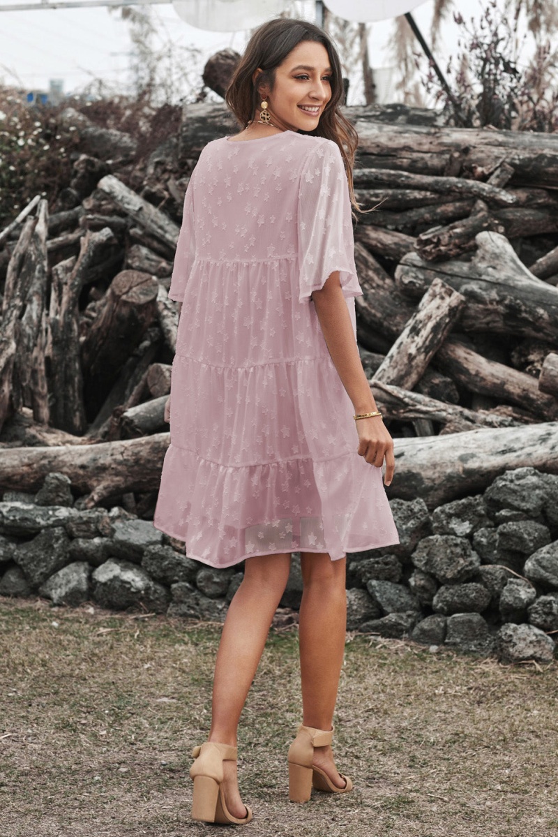 Casual Pink Short Sleeve V Neck Tiered Babydoll Lace Dress