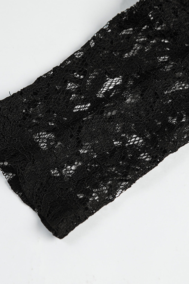 Black Scalloped V Neck Lace Sleeve Splicing Shift Mini Dress