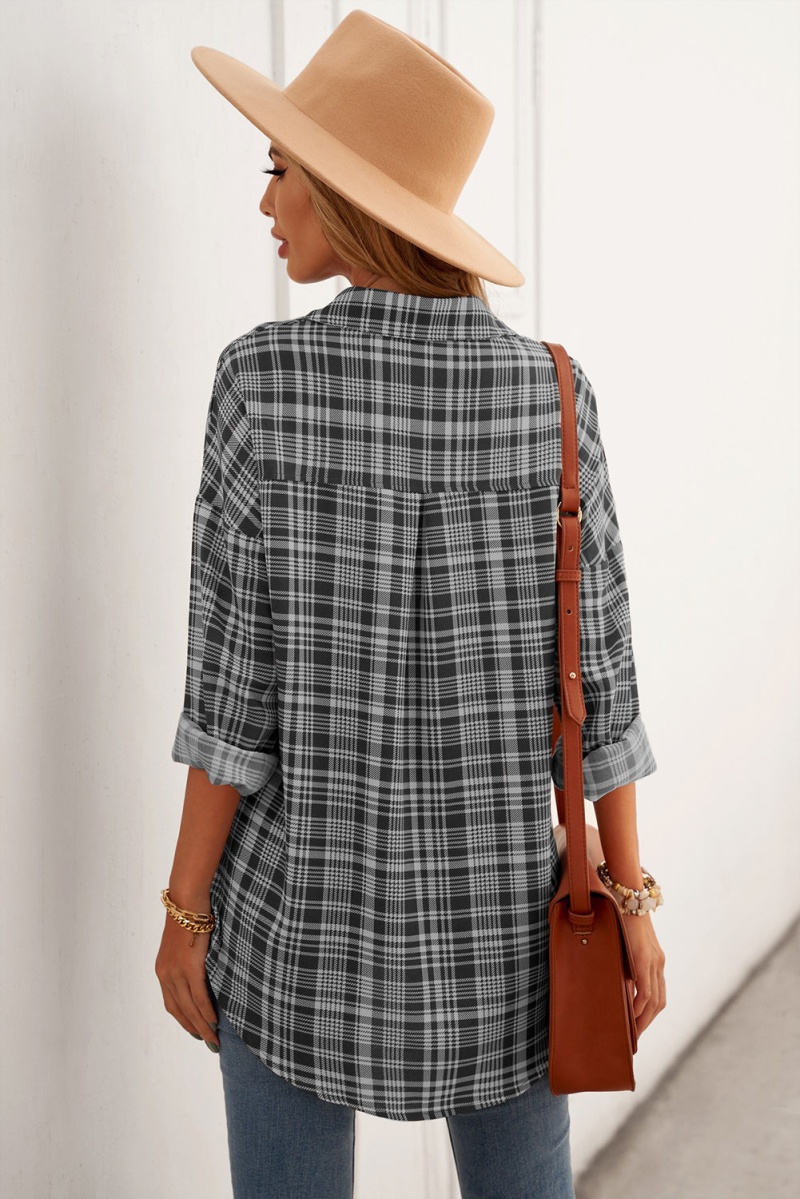 Women Gray Relaxed Fit Plaid Button Shirt
