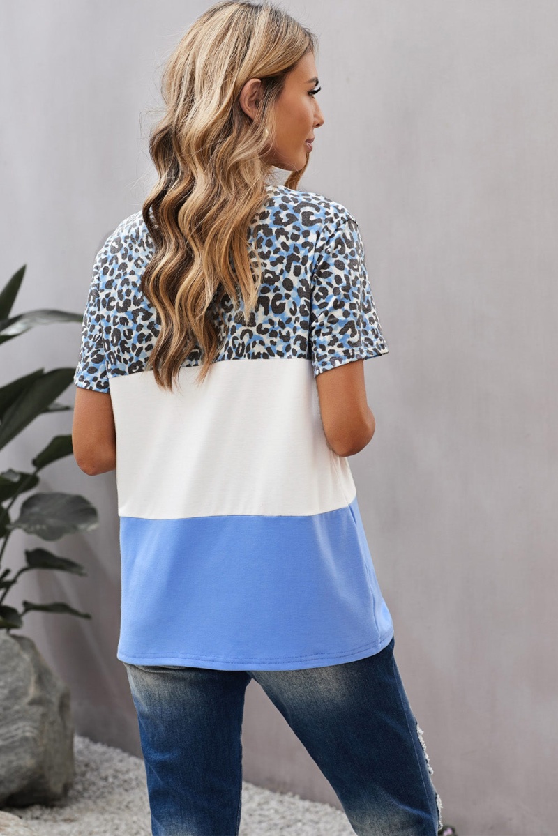 Casual Blue White Leopard Print Patchwork Color Block V Neck Top