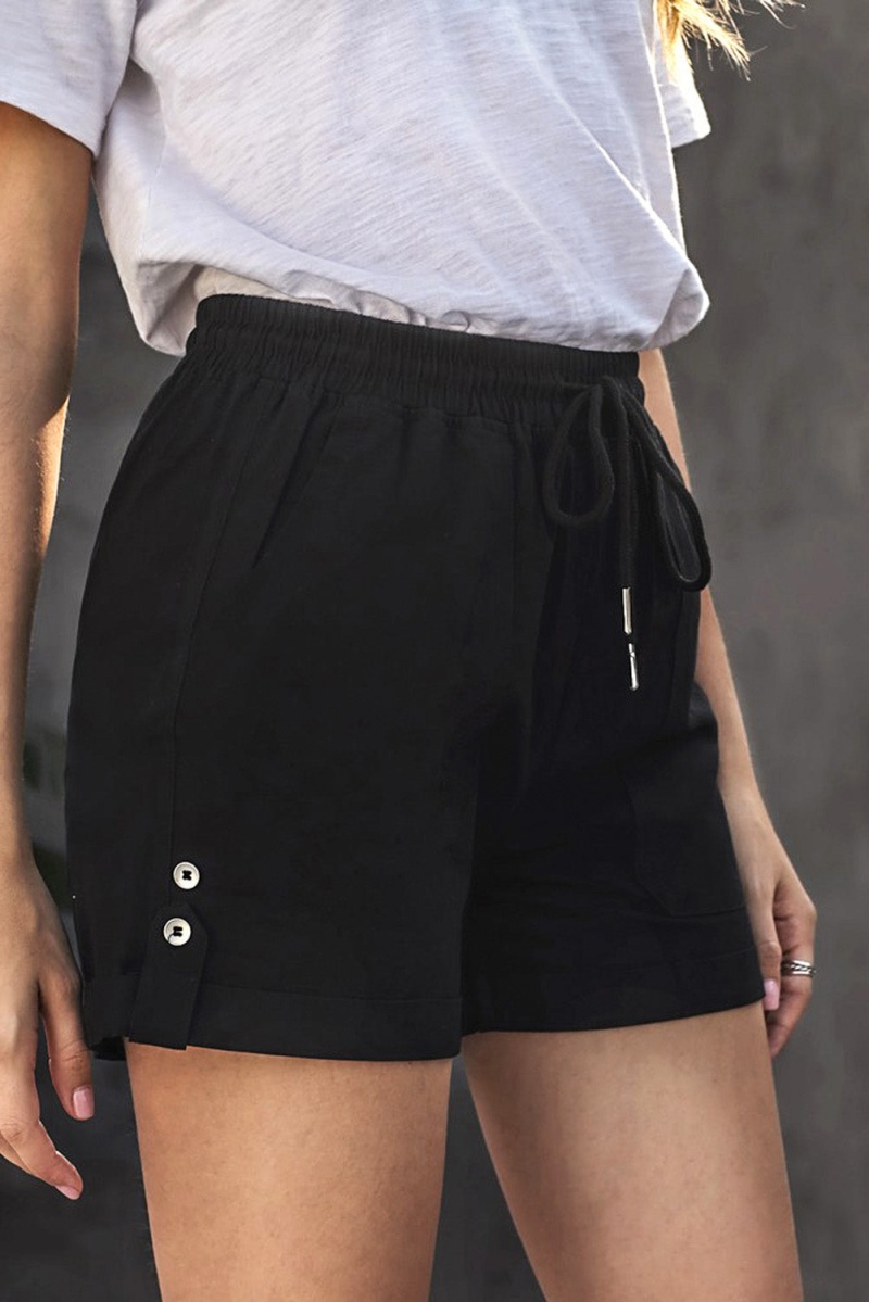 Casual Black Elastic Waistband Pocket Drawstring Shorts With Button