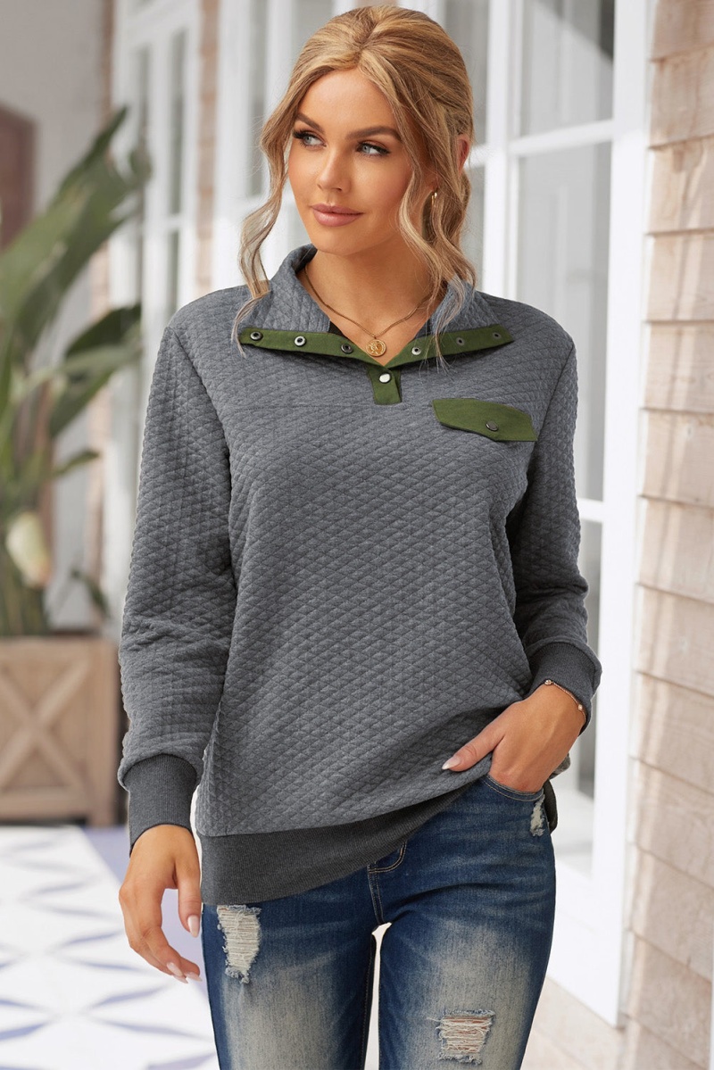 Women's Casual Dark Gray Quilted Snaps Stand Neck Sweatshirt