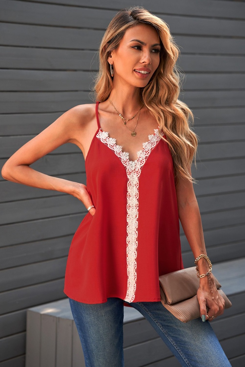 Red Lace Spaghetti Straps V Neck Stitching Tank Top