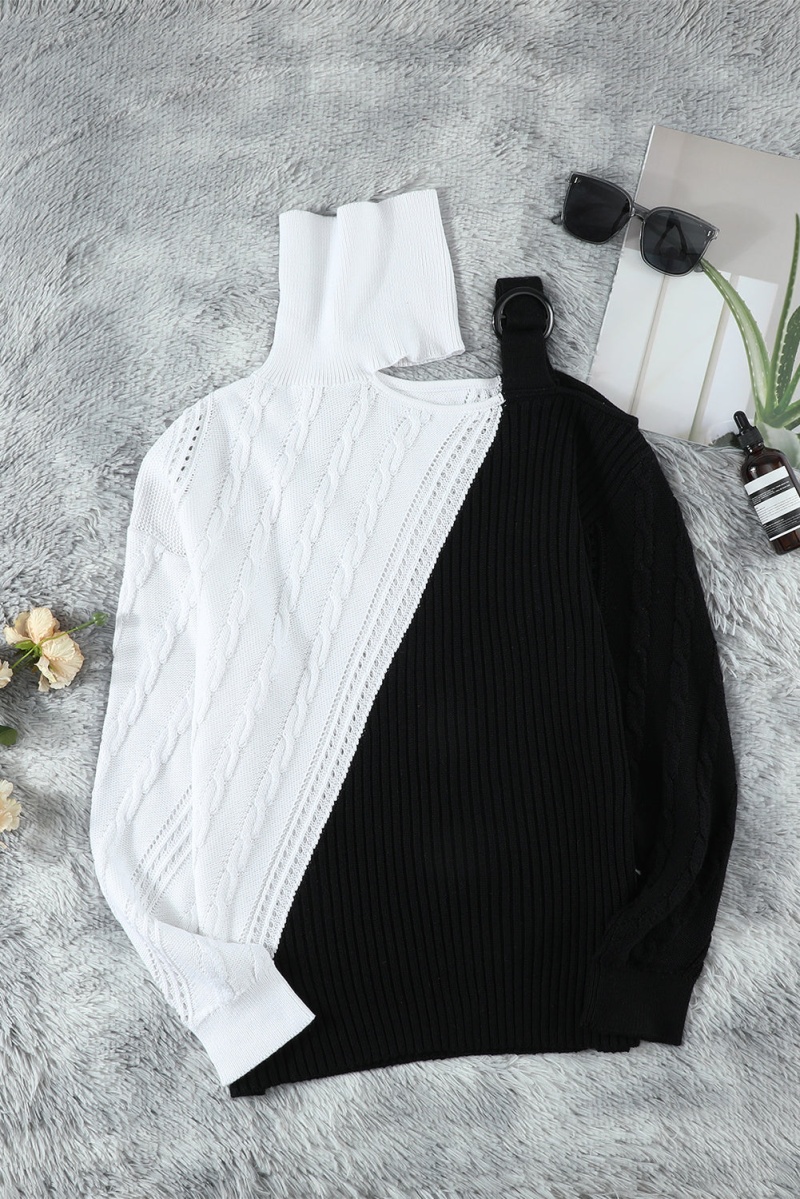 Winter Black White Turtleneck Cold Shoulder Sweater