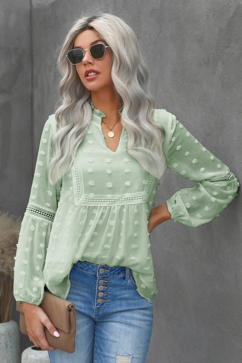 Chic Green Ruffled Split Neck Lace Hollow Out Long Sleeve Polka Dot Blouse