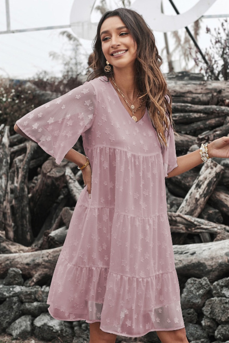 Casual Pink Short Sleeve V Neck Tiered Babydoll Lace Dress