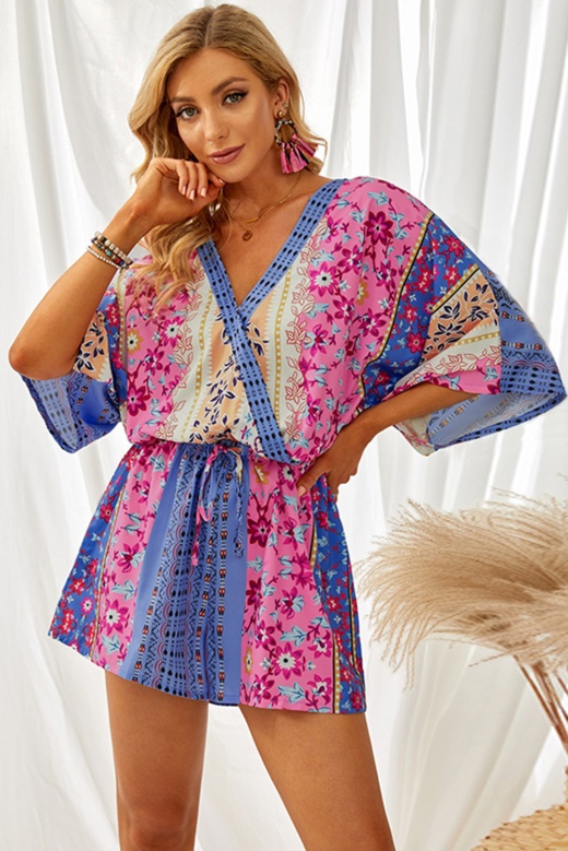 Rosy Floral V Neck Mix Kimono Sleeve Romper - Modeshe