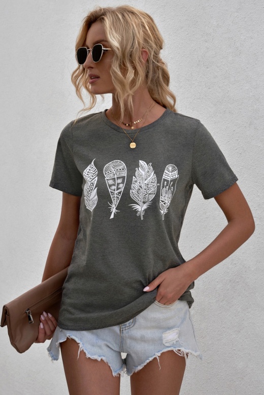 Women's Gray Geometric Feather O-Neck Short Sleeve T-Shirt