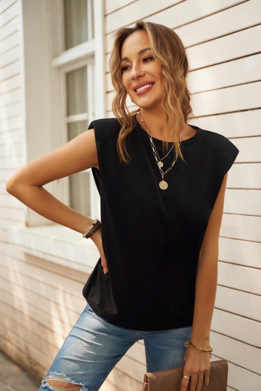 Black Short Sleeve Cotton Blend Round Neck Women Tee - Modeshe