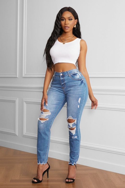 Fashion Women Blue Raw Cut Frayed Hem Medium Wash Jeans