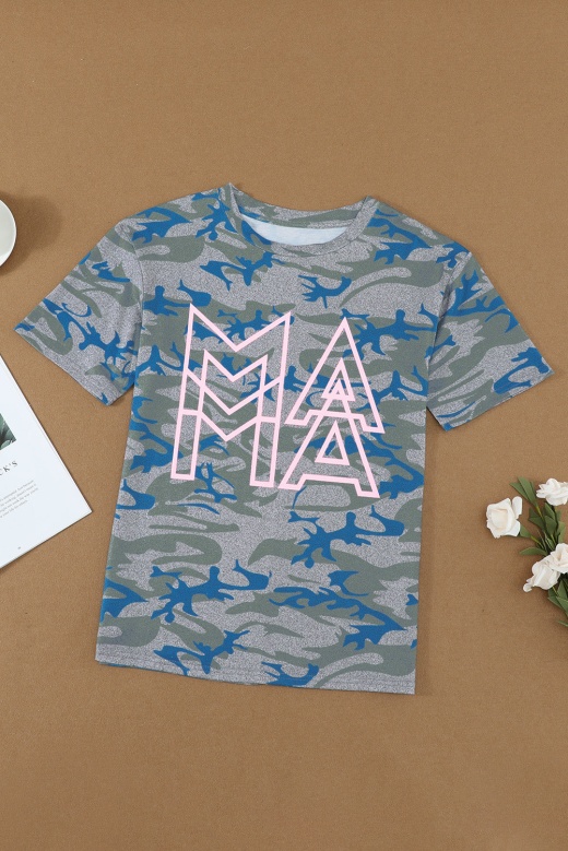 Modern Camo MAMA Graphic Tee for Women - Green Blue Short Sleeve Top