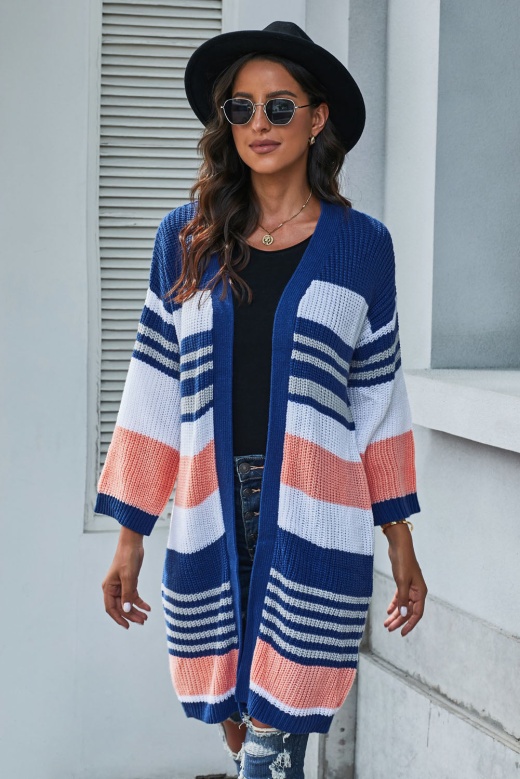 Fashion Blue Pocketed Novelty Striped Chenille Long Cardigan - Modeshe