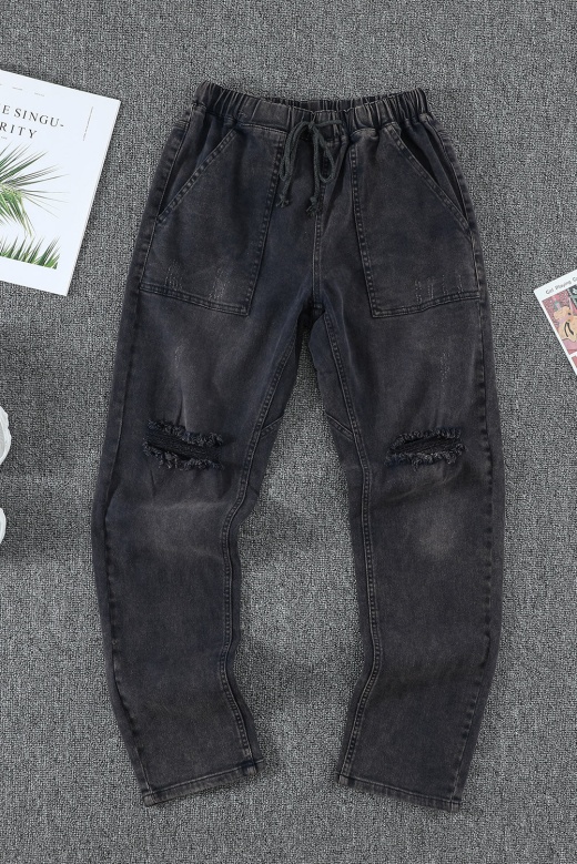 Women's Dark Gray Pocketed Hole Baggy Jean