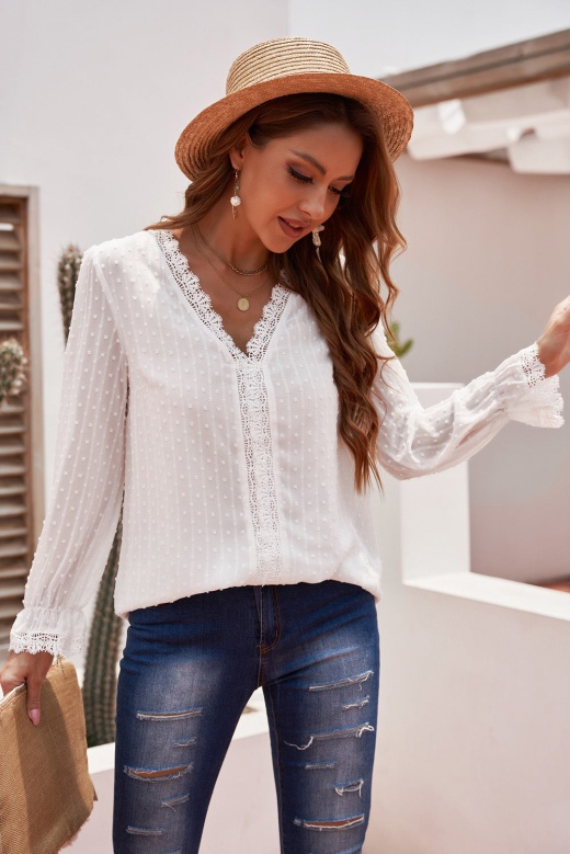 Modeshe Chic White Elegant Long Sleeve V-Neck Swiss Dot Lace Blouse