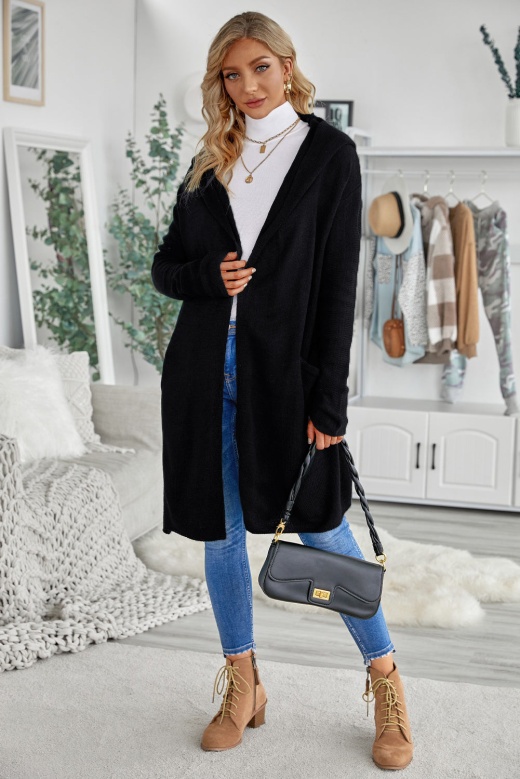 Modeshe Winter Casual Black Open Front Hooded Sweater Cardigan