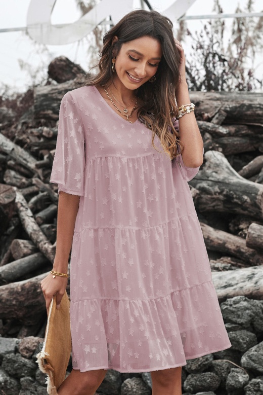 Casual Pink Short Sleeve V Neck Tiered Babydoll Lace Dress