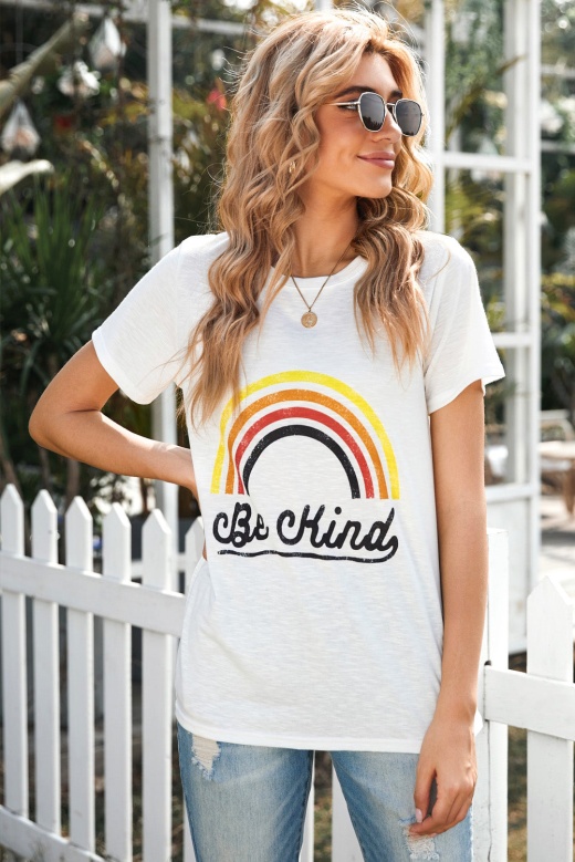 Cute White Rainbow Letter Print Short Sleeve T-Shirt