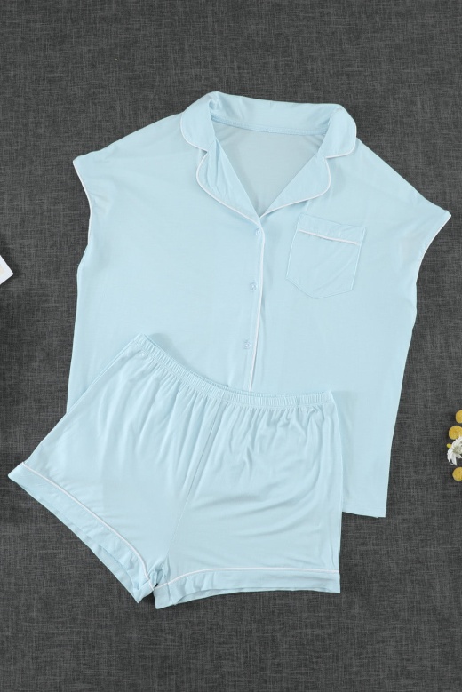 Sky Blue Buttoned Short Sleeve Shirt And Shorts Pajamas Set Sleepwear