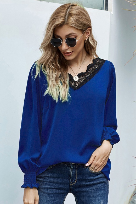 Long Sleeve V Neck Lace Patchwork Blue Blouse