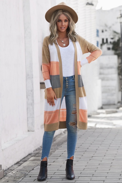 Multicolor Color Block Eyelet Knitted Lightweight Long Cardigan