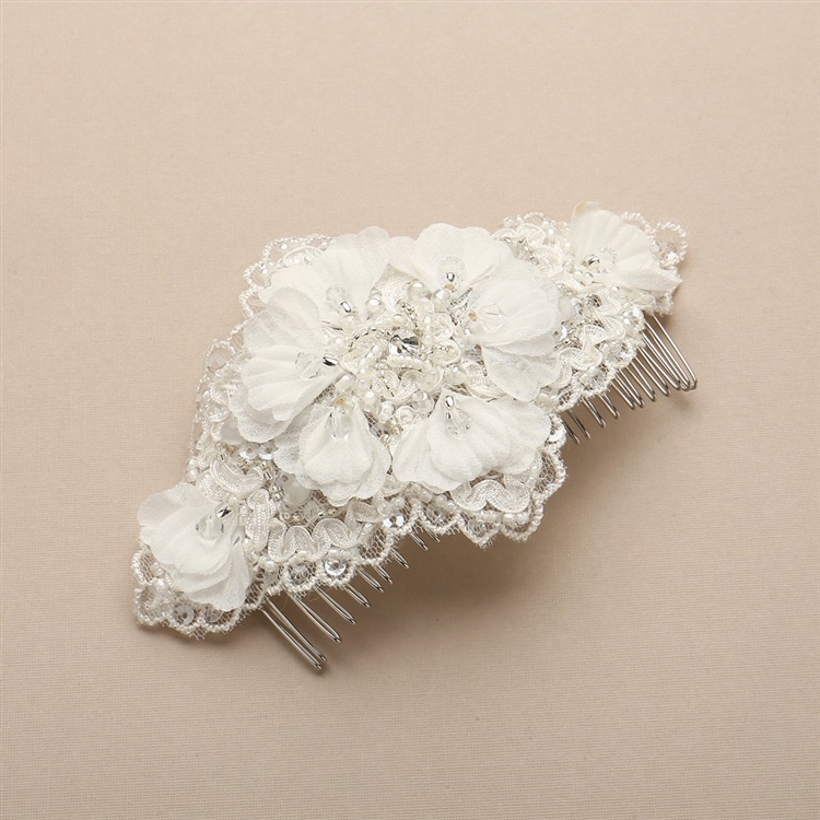 Ivory Crystal Lace Bridal Comb With Delicate Crepe Petals