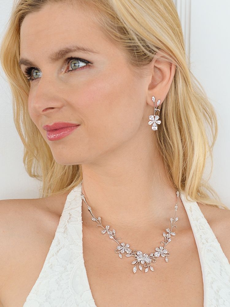Elegant Vine Cz Necklace And Earrings Set For Weddings Or Evening Wear