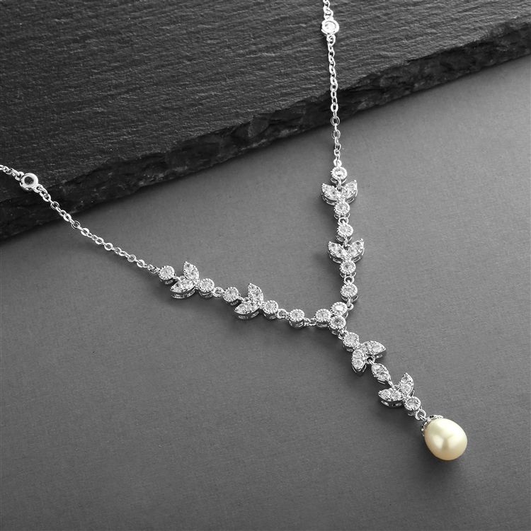 Freshwater Pearl & Cz Tulip Bridal Y Necklace For Weddings