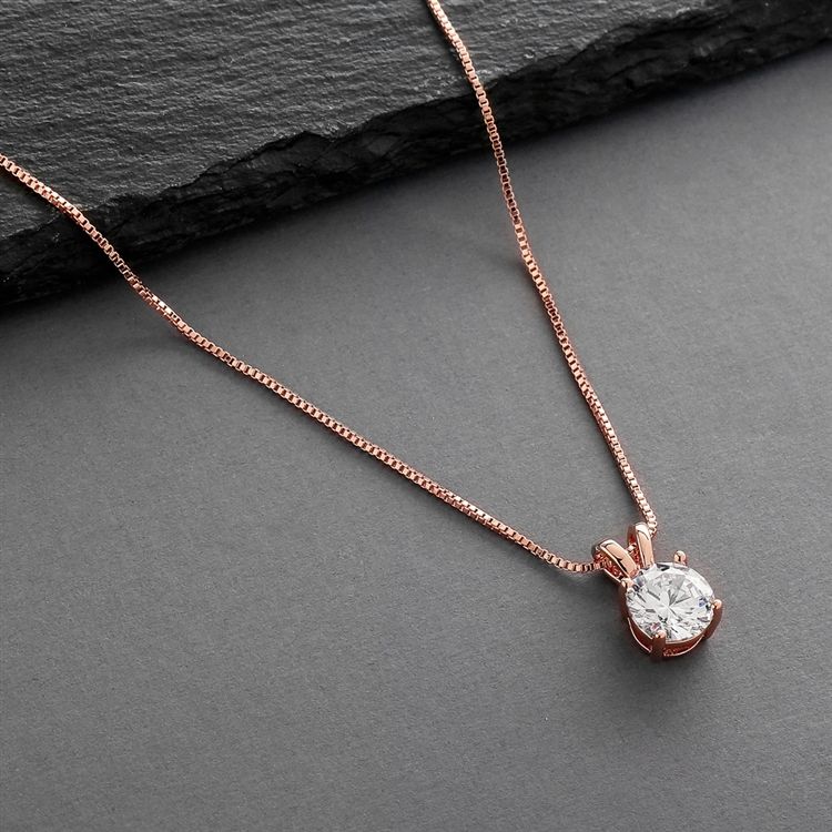 Delicate 14K Rose Gold Cz Round-Cut Necklace With Double Loop Top
