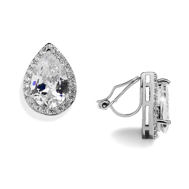 Silver Platinum Cz Pear-Shape Wedding Clip-On Earrings