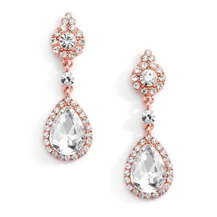 Rose Gold And Crystal Earrings With Teardrop Dangles