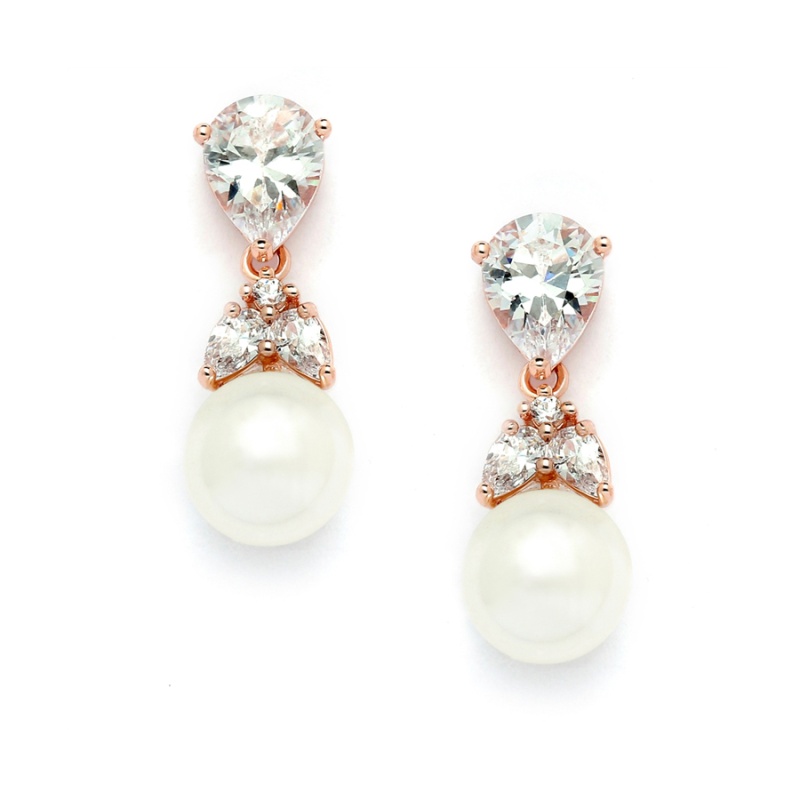 Rose Gold Cz Bridal Earrings With Pears And Pearl Drops