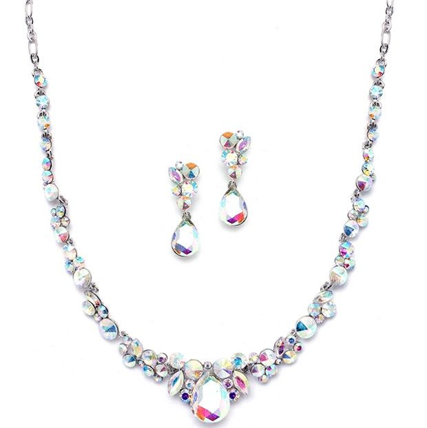 Regal Ab Crystal Bridal Or Prom Necklace & Earrings Set